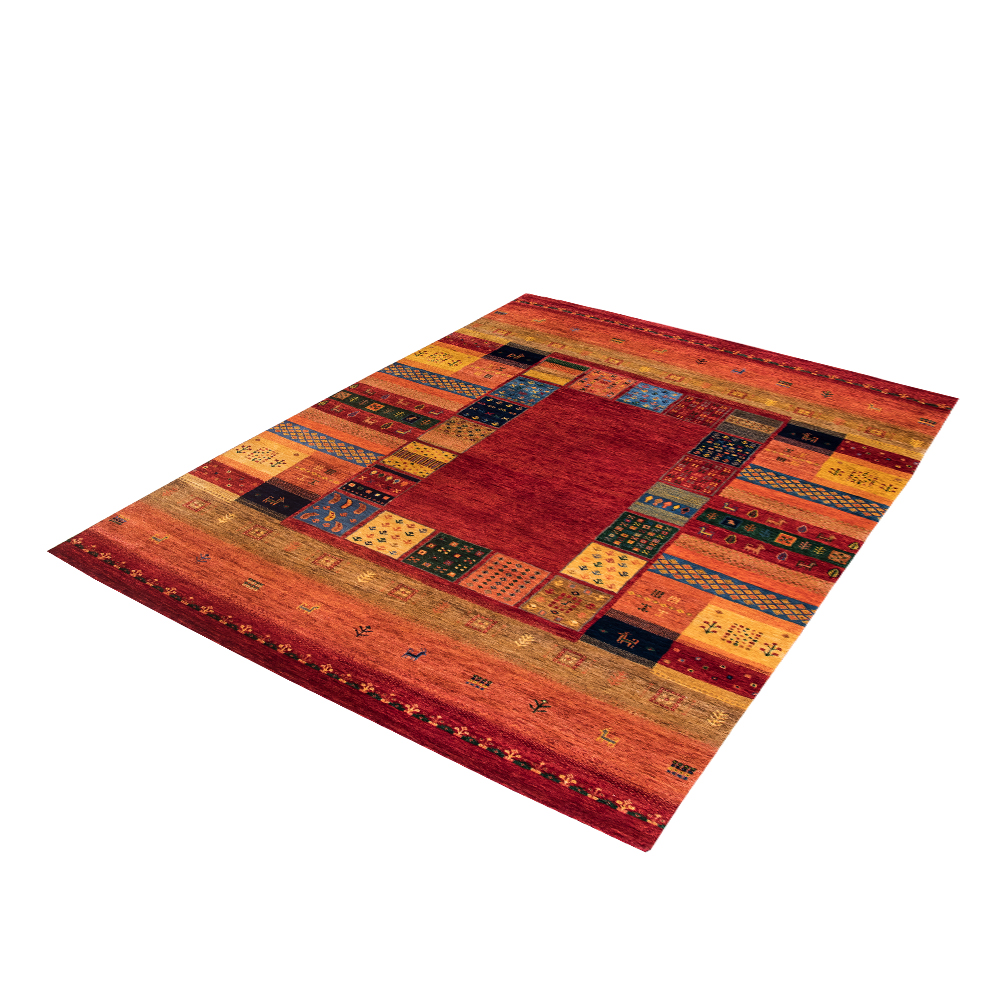 Original Handgeknüpfter Teppich aus Indien Lori MC21 rot Patchwork Muster  aus Schurwolle